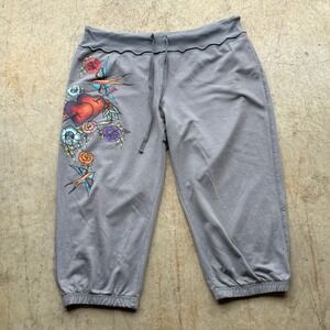 Hide & Seek Juniors Capri Sweatpants Gray Heart Birds Floral Drawstring Y2K